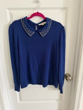 LOFT Navy Blue Embellished Collar Sweater